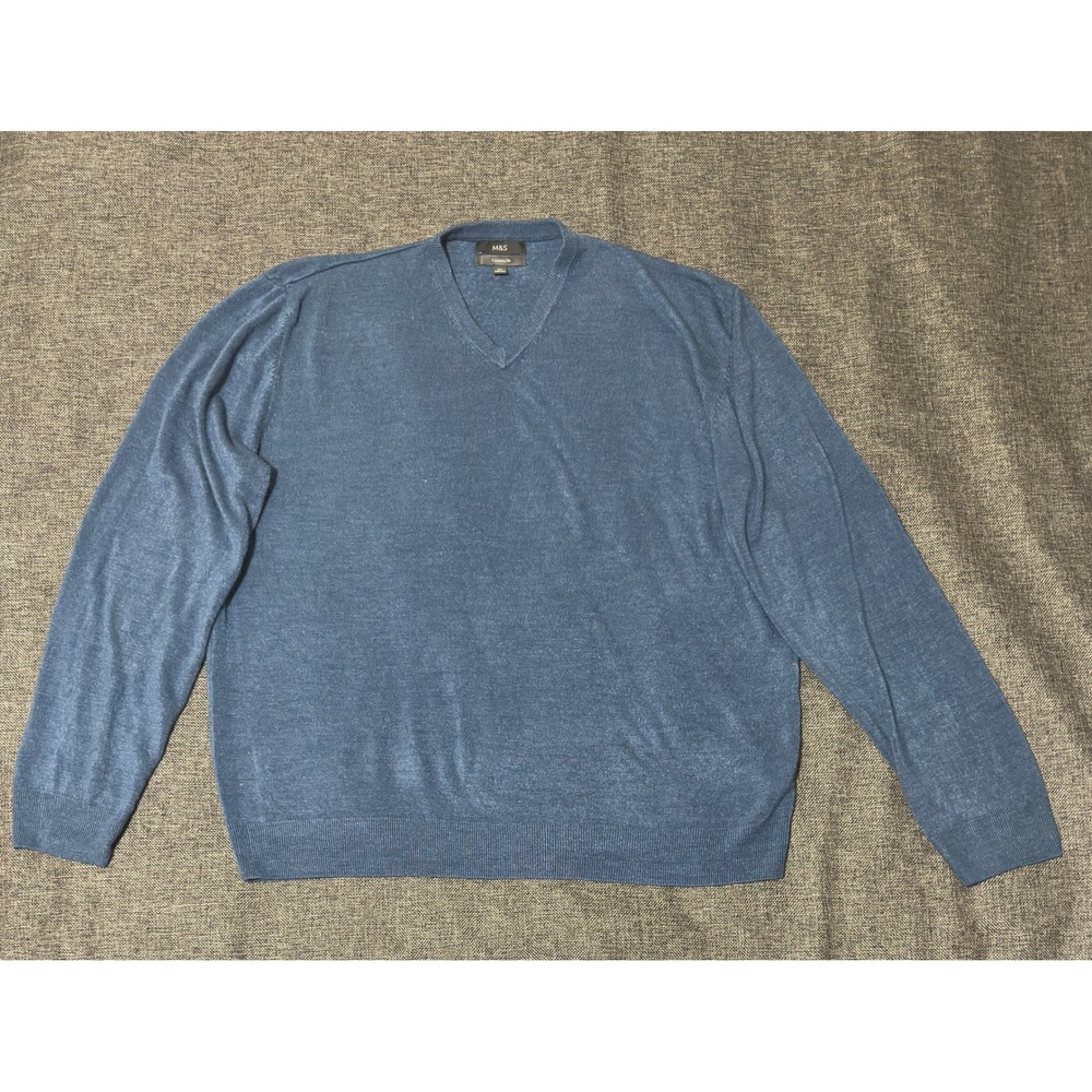 M&S Mens 3XL V-Neck Sweater Cashmilon Blue Denim Long Sleeve